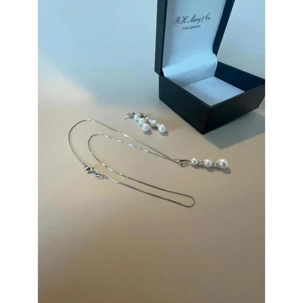 Macy’s Freshwater Pearl Sterling Silver 925 Necklace Set with Cubic Zirconia